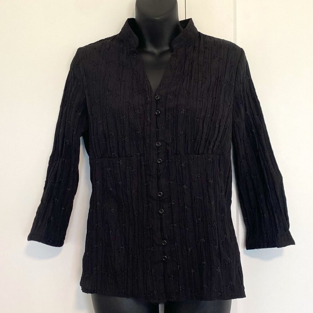 Jessica Black Embroidery 3/4 Sleeve Button Up Blouse Top Shirt‎ Size Large 12